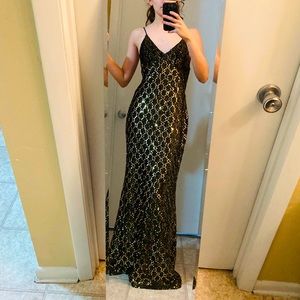 Vintage Funky Sequin Gold Black Long New Years Formal Prom Evening Dress Small